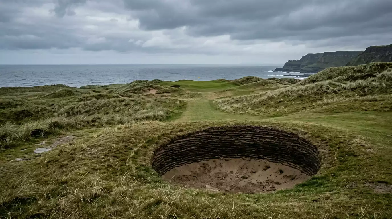 Links-Course an der schottischen Küste mit Pot-Bunkern und Wolkenhimmel